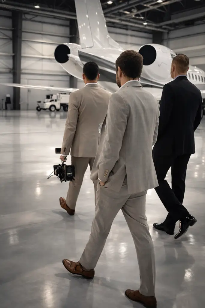 Film crew walking through an aircraft hangar with camera equipment