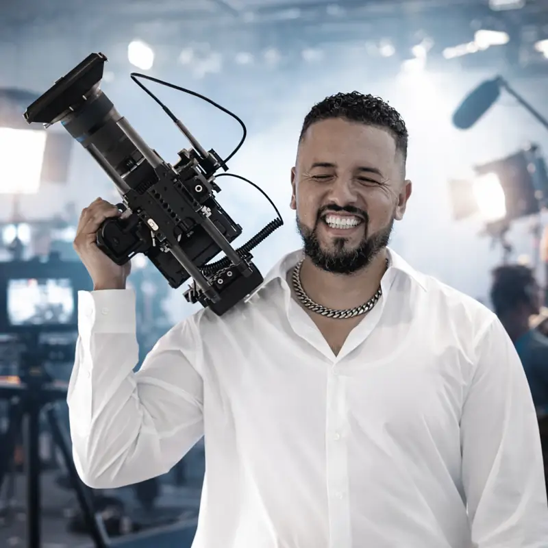 Luis Rivera smiling with a cinema camera over his shoulder
